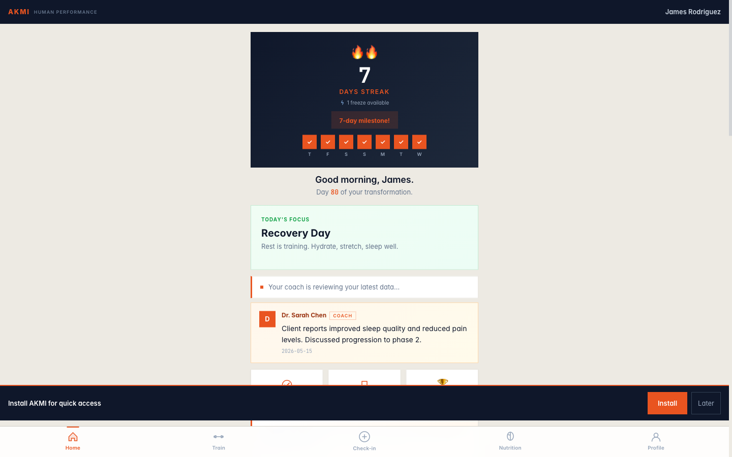AKMI client portal with workout reporting, progress photos, and assessment history