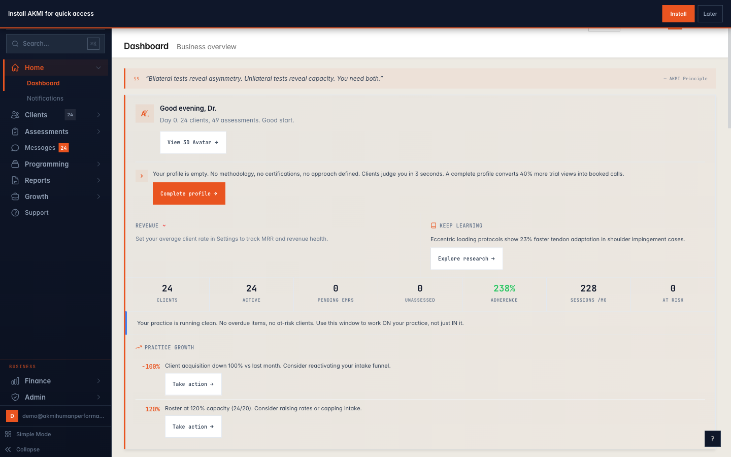 AKMI AI dashboard with command bar, risk scoring, and video analysis tools for coaches