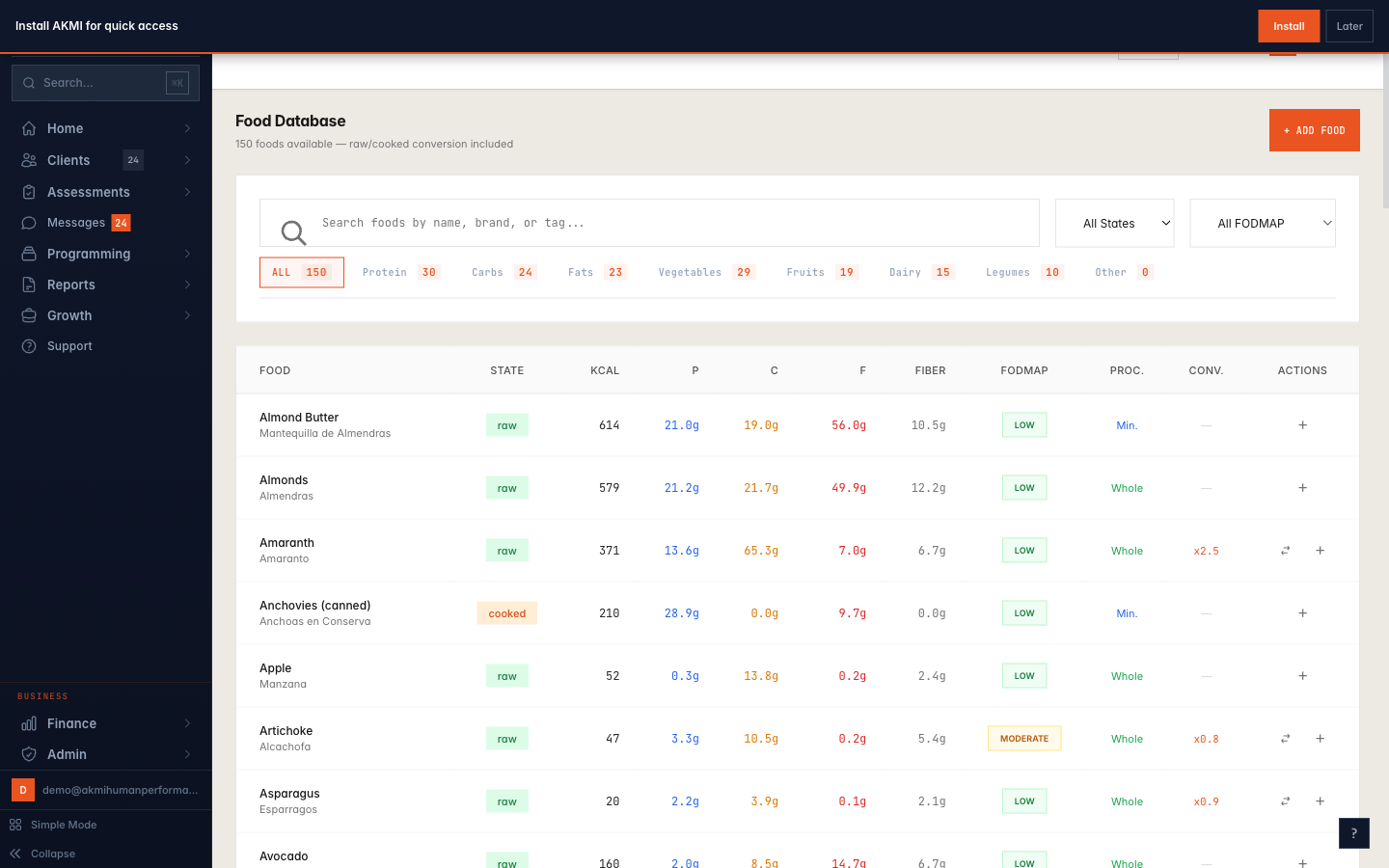 AKMI food database with 150+ foods showing raw and cooked macro variants for metabolic tracking