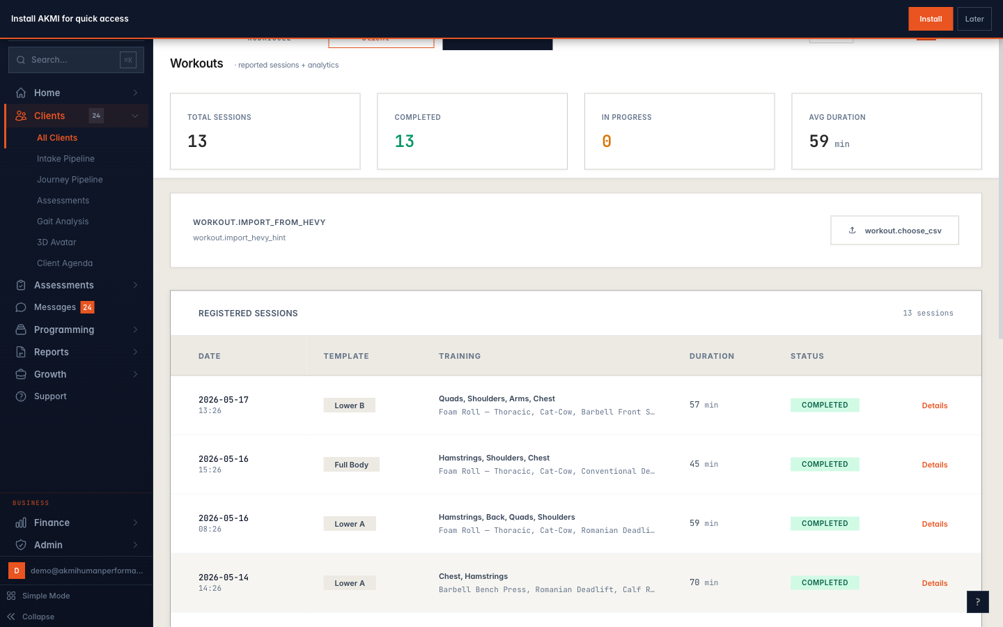 AKMI session builder with drag-drop weekly planner and 1,900+ exercise library